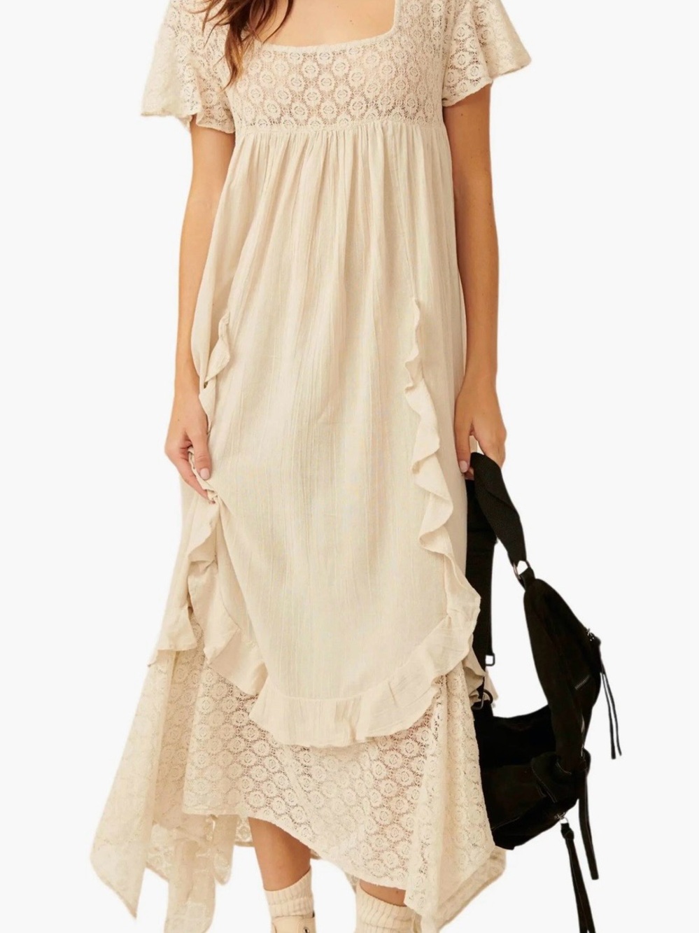 Free People Cream Lace Ruffle High-Low Dress Large NWOT